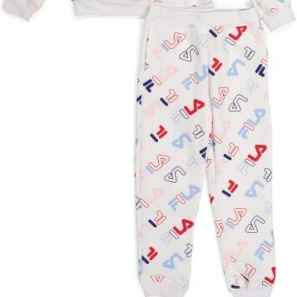 067.FILA Girls 2pc Allover Print Fleece Jogger Set Size 5/6 white hoodie joggers - Picture 2 of 2
